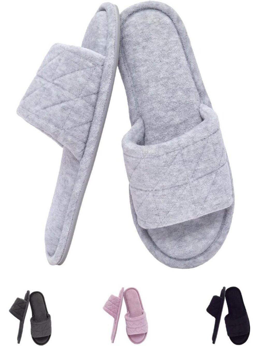 Women's Grey Velvet Open Toe Memory Foam Non-Slip Outdoor Slip-On Fluffy Slipper